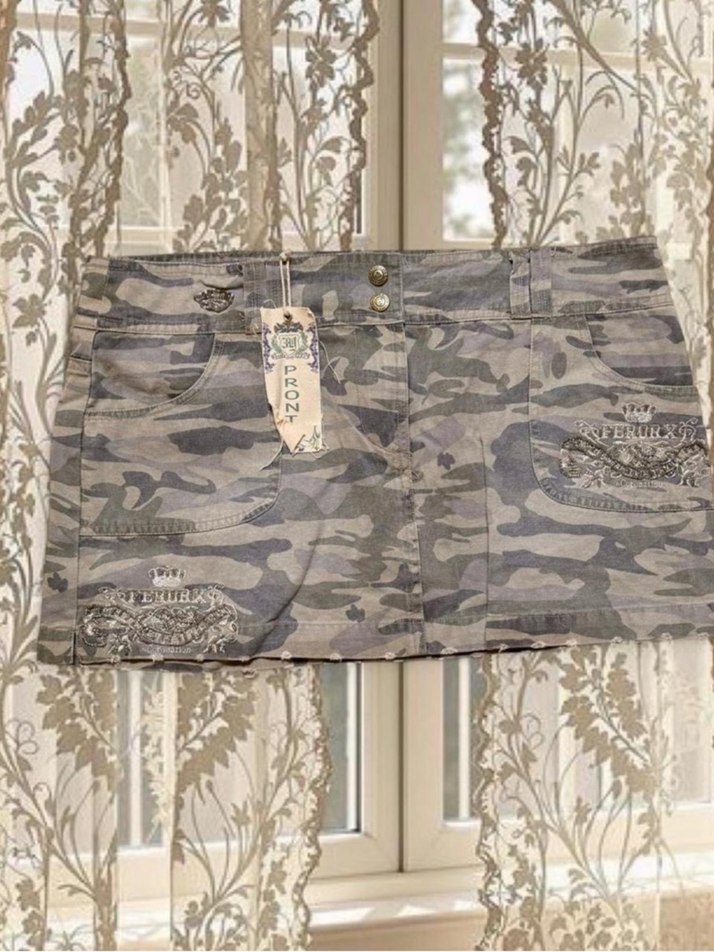 Vintage Y2K Deadstock Grunge Camo Print Beaded Rhinestone Mini Skirt BNWT